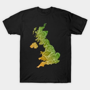 Colorful mandala art map of United Kingdom with text in green and orange T-Shirt